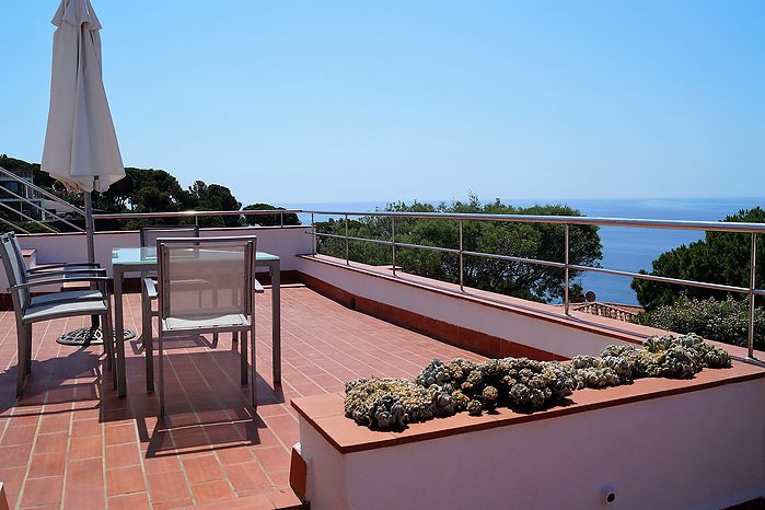 Villa en alquiler con excelente zona ajardinada y piscina privada en Cala Canyelles. 